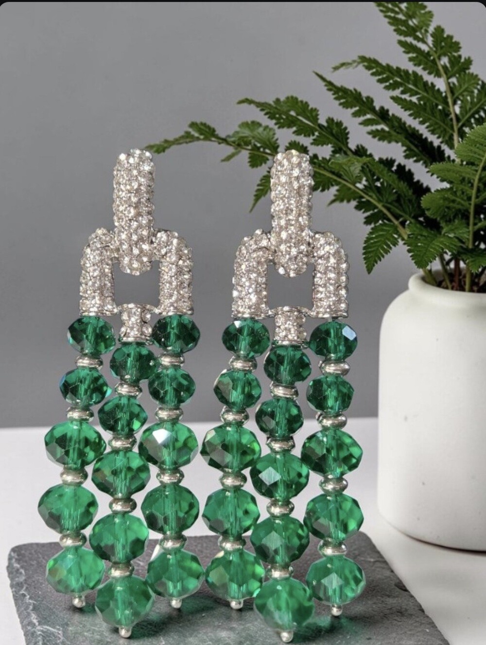 Luxurious Silver Rhodium Plated Emerald Bead Pave Zircon Crystal Dangle Earrings